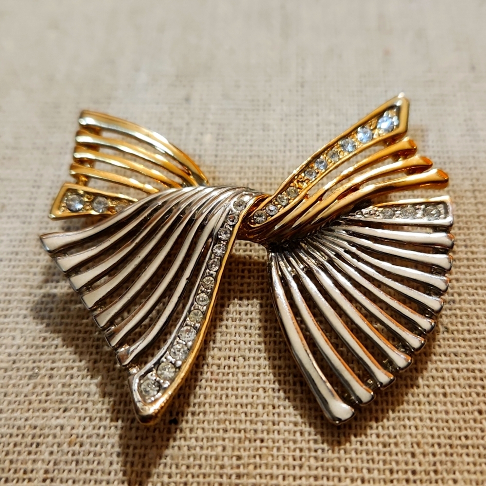 Silver and Gold Tone Crystal Brooch